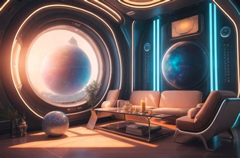 Premium AI Image | A retrofuture interior space ship living room