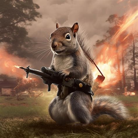 Premium AI Image | A squirrel with a gun is in front of a burning house.