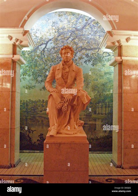 A statue of Pushkin at the Pushkinkaya Metro station, Saint Petersburg ...