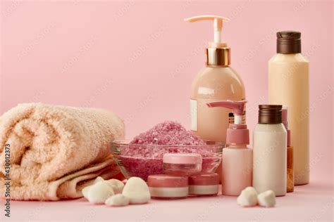 Skin care products on pink background, nobody Stock Photo | Adobe Stock