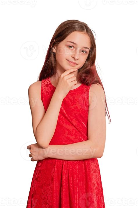 Teenage girl in a red dress on a white background 2731477 Stock Photo