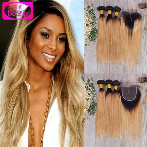 Brazilian Virgin Hair Straight with Closure 1b 27 Weave Ombre honey ...