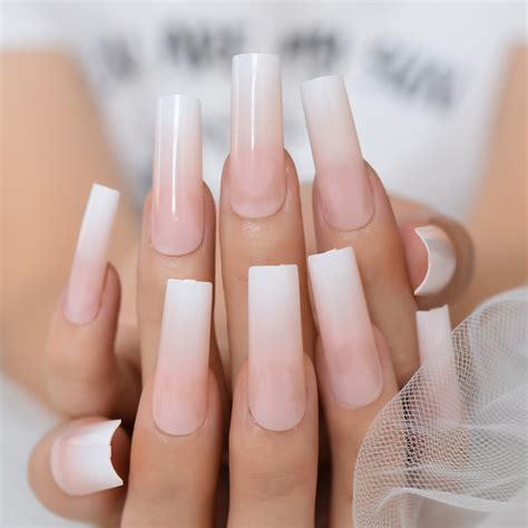 Square False Nails Nude Ombre Gradient French Tips... – Grandado