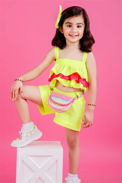 Buy Green Cotton Plain Crop Top And Shorts Set For Girls by The little ...