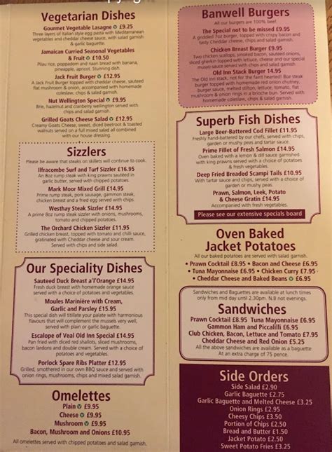 inn weston super mares full menu
