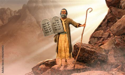 Moses holding 10 Commandments tablets coming down mount Sinai Stock
