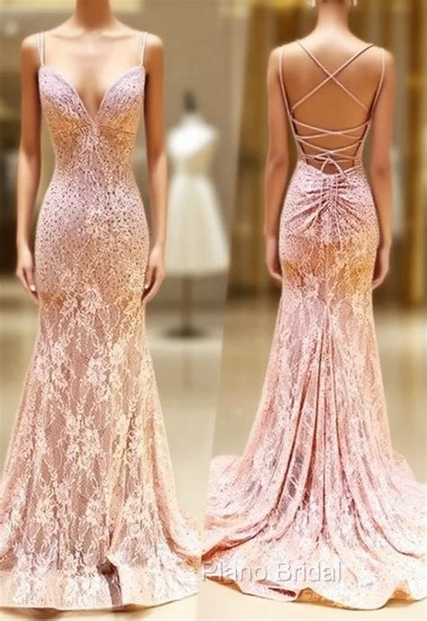 unique pink long mermaid open  lace dresses senior formal prom dr