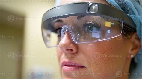 A closeup of a nurse wearing AR glasses viewing a holographic display