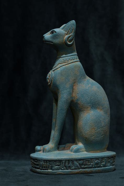 Unique Goddess Bastet Cat Large Statue Green Turquoise, Scarab on Chest