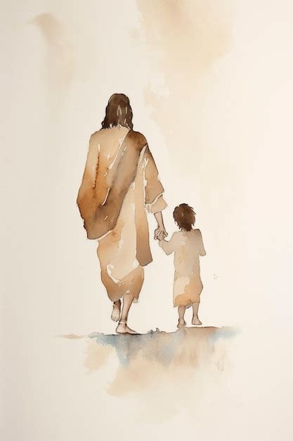 Watercolor painting of jesus and his father holding hands and walking ...