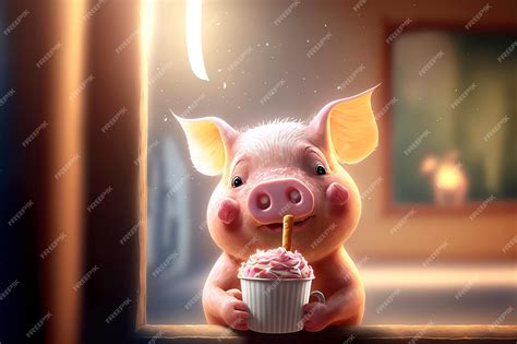 Premium Photo | Baby pig eating ice cream in waffle cone