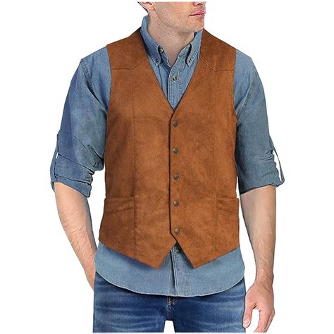 Wancir Men's Suede Leather Suit Vest V Neck Cowboy Vest Vintage 5 Snaps