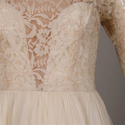 1960s Sandra Sage Vintage Cream Nude Illusion Lace + Silk Chiffon Dress