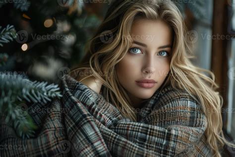 Beautiful European Girl With Blonde Hair and Green Eyes Wearing Plaid