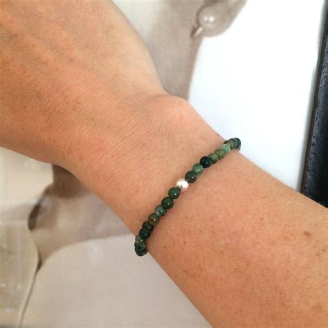 Green Moss Agate stretch Bracelet Sterling Silver or Gold Fill accent