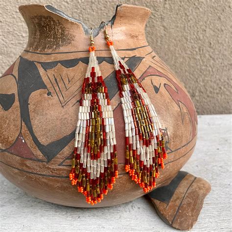 5 Long Vintage Loom Beaded Earrings w/ Peyote Bird Design, Southwestern ...