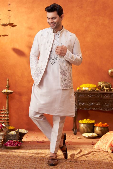 blush lilac raw silk thread embroidered bundi jacket set  parv design