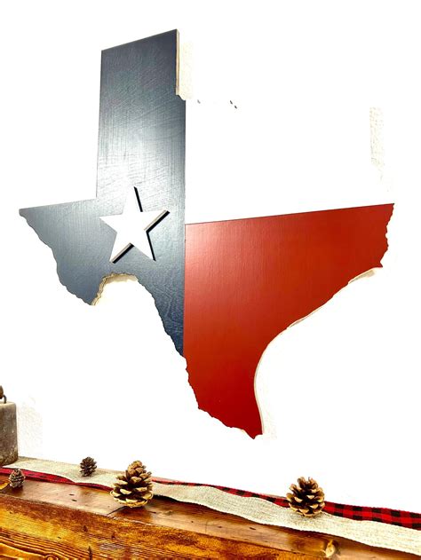 Wooden State of Texas Map Cutout Stained in Lone Star State Flag Colors