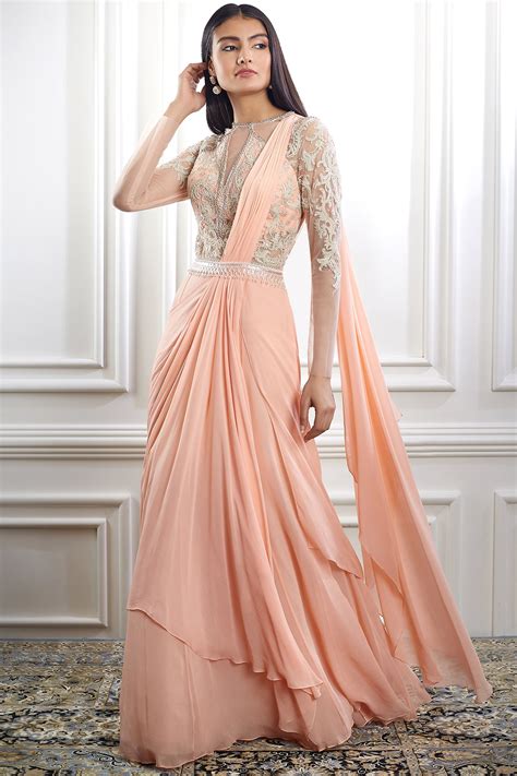 Buy Peach Viscose Georgette Round Embroidered Pre-draped Saree Gown For ...