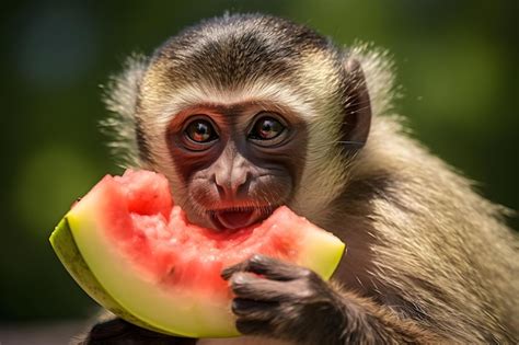 Premium Photo | Animal Pictures Brown Monkey Eating Watermelon