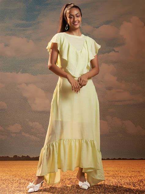 Lime Green Solid Poly Viscose Flared Maxi Dress-MAX102