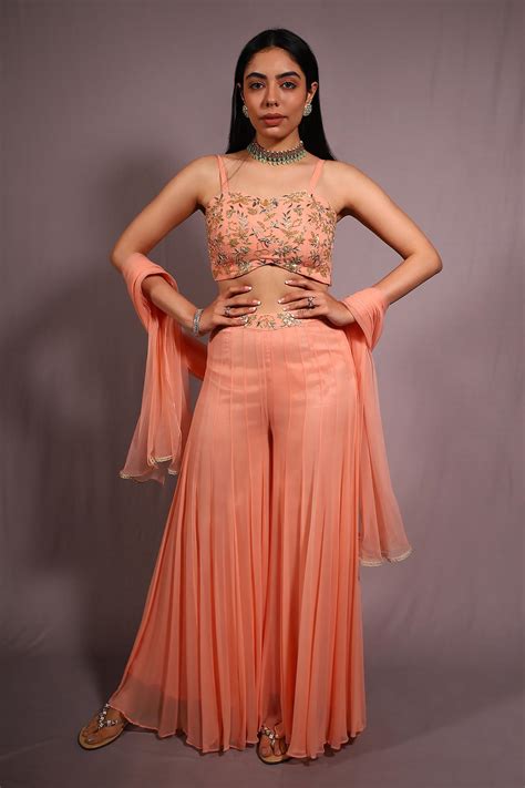 Buy House Of TA-YA Peach Georgette Embroidered Cropped Top And Sharara