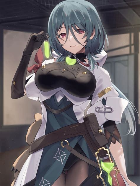 Doctor, smiling, big boobs, long hair, blue hair, red eyes, moles, mole