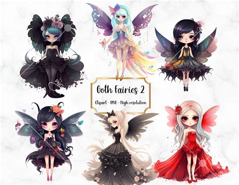 Cute Creepy Goth Fairies Clipart, 6 Goth Fairies PNG, Bundle, Fantasy