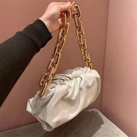 gold chain white  size genuine leather pouch bag slouchy clutches
