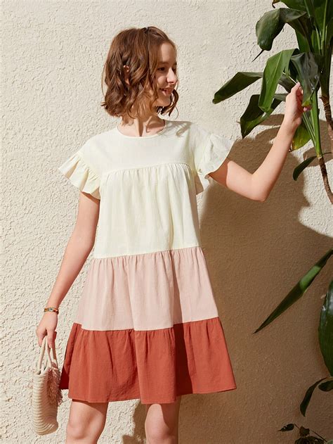 Multicolor Cute Collar Cap Sleeve Fabric Colorblock Smock Embellished ...