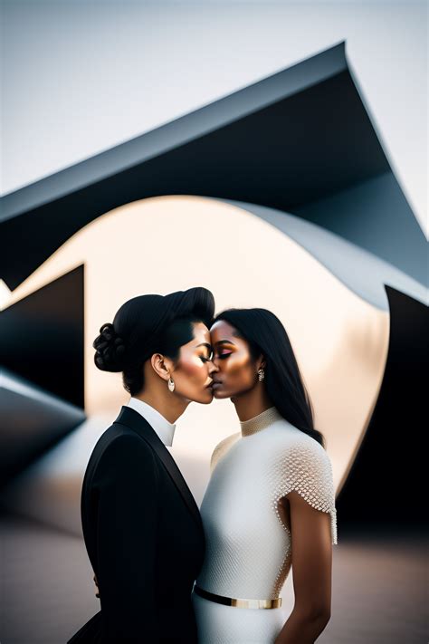 Lexica - Medium shot of haute couture lesbian kissing in minimalist