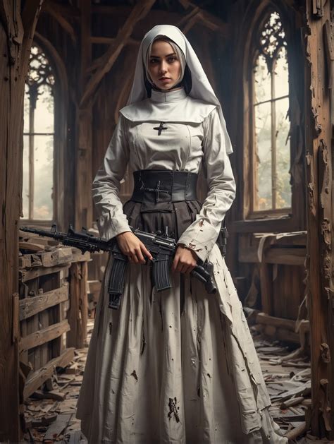 Cosplay Nun with Machine Gun in War Action Pose at Old Wooden Church
