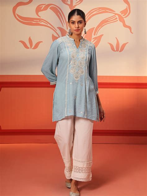 buy lakshita floral embroidered mandarin collar tunic tunics