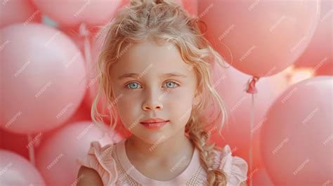 Premium Photo | Little girl with many pink balloons on pastel pink ...