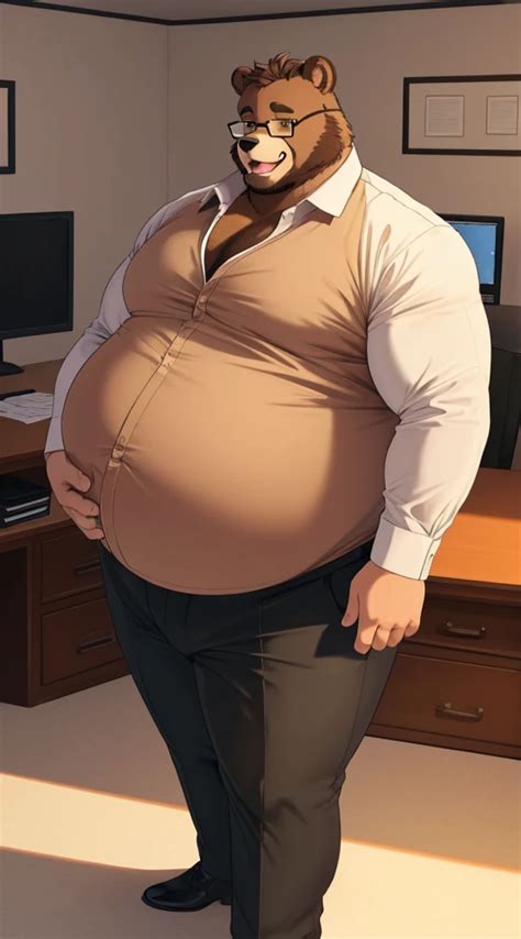 Anthro furry bear fat principle holding his large belly as he laughs