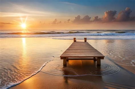Premium AI Image | A wooden bridge on a beach at sunset