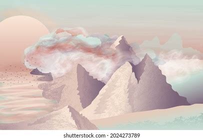 Pastel Mountain Landscape Sunset Picture Large Stock Illustration ...