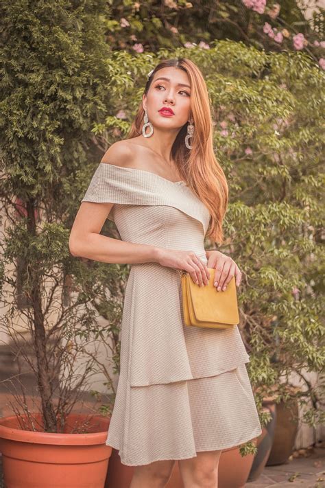 Ista Off Shoulder Gingham Dress in Nude