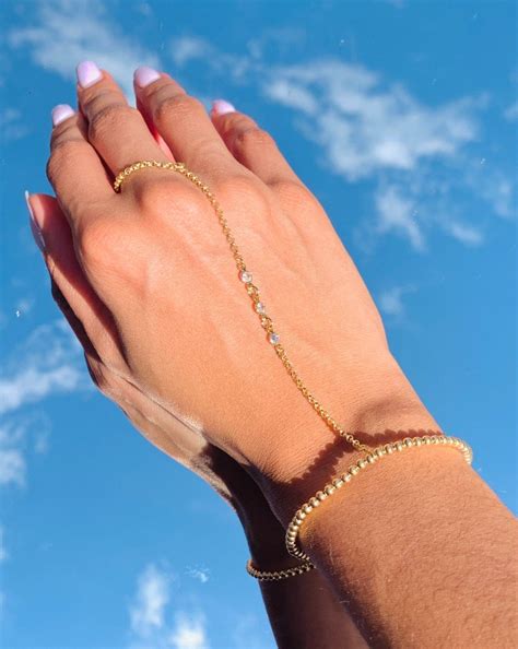 dainty gold filled beaded hand chain bracelet cz ring hand jewelry