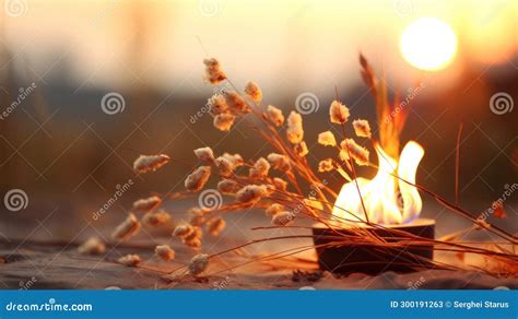fire burning   bowl  sand   grass ai stock image