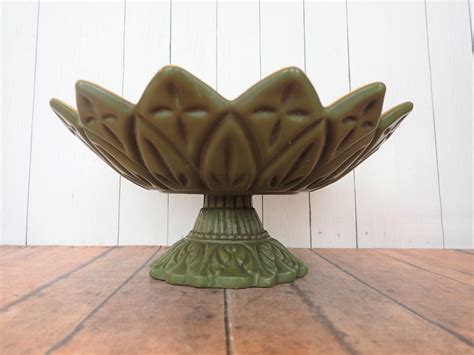 Vintage Green Footed Pedestal Bowl Fruit Bowl Candy Dish with Floral ...