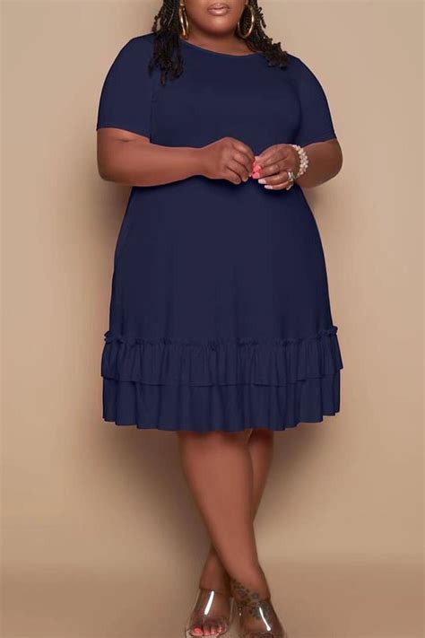 Wholesale Royal Blue Casual Solid Patchwork Flounce O Neck Straight ...