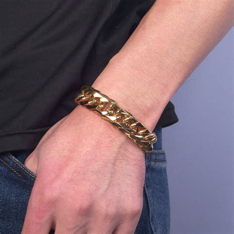 Miami Cuban Link Chain Bracelet 24k Gold Plated Hip Hop Stainless Steel ...