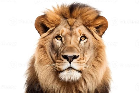 lion front view isolated  white background  stock photo