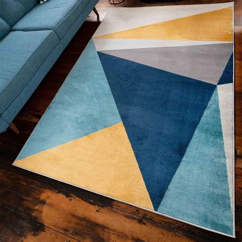 Modern Bold Navy Denim Blue Geometric Living Room Rug Ochre Grey Hall ...