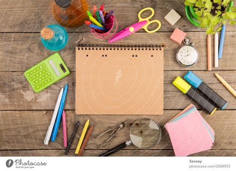 Back to school concept - school supplies on the wooden desk - a Royalty Free Stock Photo from ...