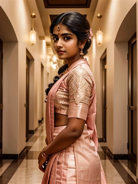 woman   pink sari standing   hallway seaart ai