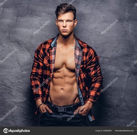 Sexy Guy Unbuttoned Fleece Shirt Posing Studio Isolated Dark Background