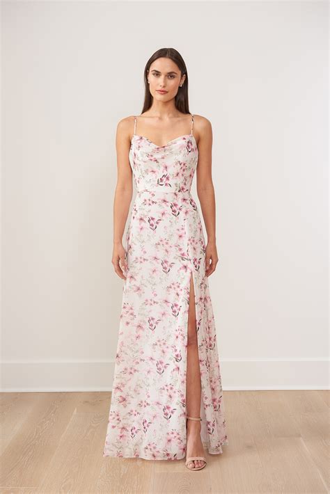 B263010 Magical Jasmine Garden Printed Chiffon A-line Gown with Cowl