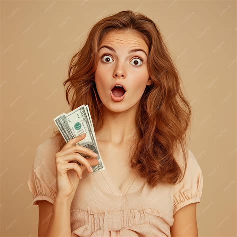 A woman with a surprised look on her face is holding a dollar bill